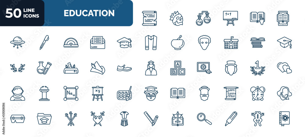 set of 50 education web icons in outline style. thin line icons such as papyrus, ebook, graduate, books, robin hood, eugene onegin, periodic table, robinson crusoe, law, romeo and juliet, frog set of 50 education web icons in outline style. thin line icons such as papyrus, ebook, graduate, books, robin hood, eugene onegin, periodic table, robinson crusoe, law, romeo and juliet, frog