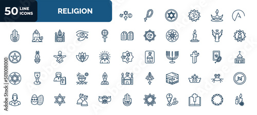 set of 50 religion web icons in outline style. thin line icons such as religion, atheism, gticism, angel, lotus position, cross, orthodox, islam, bahai, abrahamic, crown of thorns vector.
