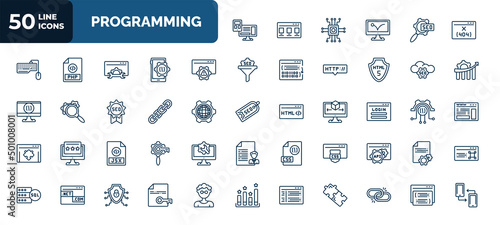 set of 50 programming web icons in outline style. thin line icons such as adaptive layout, 404 error, error, seo cloud, hyperlink, login, jsx, css, program interface, encripted file, page vector.