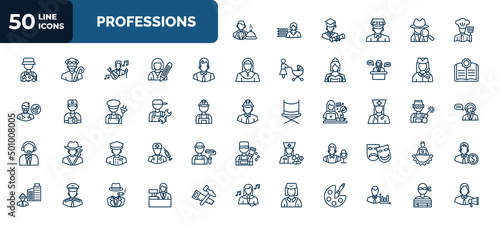 set of 50 professions web icons in outline style. thin line icons such as waiter, cooker, office worker, air hostess, plumber, physician assistant, concierge, showman, stewardess, clerk, thief