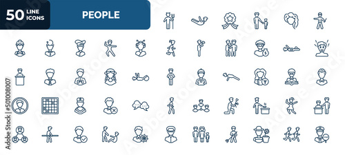 set of 50 people web icons in outline style. thin line icons such as devil standing up, policeman standing up, japanese geisha, iying down, festa junina, psychologist, king momo, give flower, family