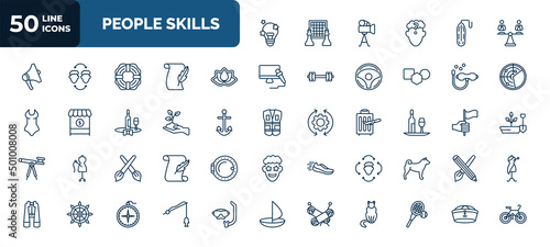 set of 50 people skills web icons in outline style. thin line icons such as creativity, equality, wellness, diver, environment, bartender, de, sensitivity, knitting, fisher, navy hat vector.