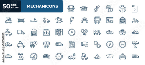 set of 50 mechanicons web icons in outline style. thin line icons such as big bus front, water tank for vehicles, car tire change, car inside a garage, car battery, taxi side, bus with compass, two