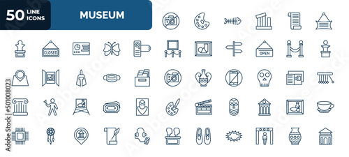 set of 50 museum web icons in outline style. thin line icons such as no photo, , photographic, museum fencing, mask, anthropology, museum canvas, african mask, ballet, poetry, porcelain vector.