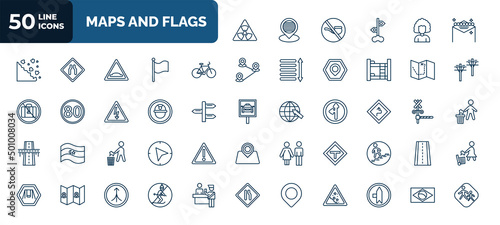 set of 50 maps and flags web icons in outline style. thin line icons such as radiactive, las vegas, bicycle, treasure map with x, mine site, curves ahead, no littering, t road intersection, locato,