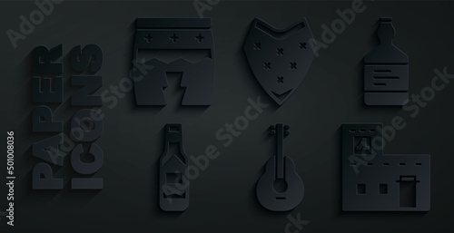 Set Mexican guitar, Tequila bottle, Tabasco sauce, house, Poncho and Huehuetl icon. Vector photo