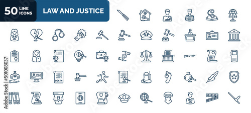set of 50 law and justice web icons in outline style. thin line icons such as butterfly knife, international law, gavel, employment, intellectual property, shotgun, death certificate, corpse,