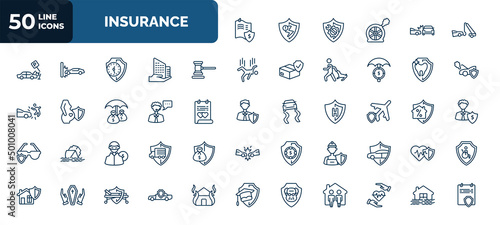 set of 50 insurance web icons in outline style. thin line icons such as actual cash value, towed car, legal expenses, dental insurance, insurance advice, air travel robbery, construction risk,