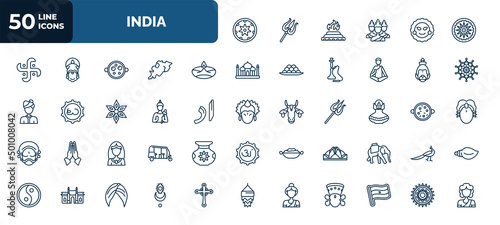 set of 50 india web icons in outline style. thin line icons such as bihu, ashoka, diwali lamp, hanuman, vishnu, kumbh kalash, chandra, e, india mother, devi, rangoli vector.