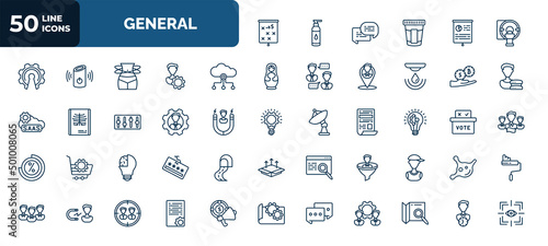 set of 50 general web icons in outline style. thin line icons such as marketing strategy, mri scanner, internet of, initial coin offering, on coaching, realization, invention, lead conversion,