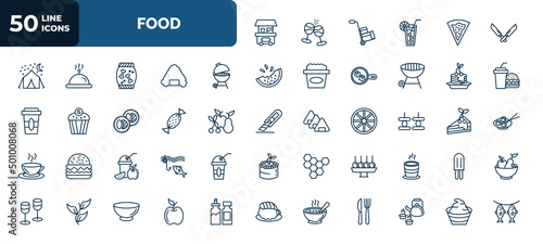 set of 50 food web icons in outline style. thin line icons such as popcorn shop, knifes, cooking on the, pancake, toffee, canape, smoothies, dish and toothpick, japanese soup bowl, with leaf, photo