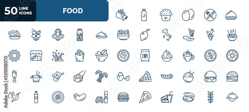 set of 50 food web icons in outline style. thin line icons such as canadian, covered food tray, salver, congratulations, onion rings, warm black mug, cooking mitts, sausages, triangular pizza slice,