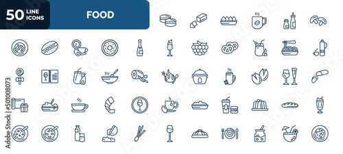 set of 50 food web icons in outline style. thin line icons such as arons, mushrooms, champagne bottle, pasta, stew, pistachio, coffee cup with steam, junk food, king cake, fallen, tropical drink