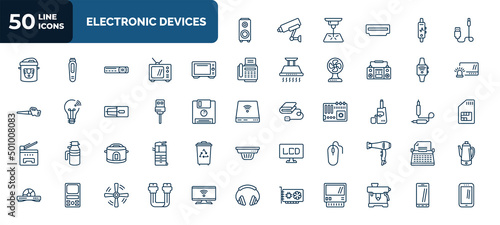 set of 50 electronic devices web icons in outline style. thin line icons such as speakers, connector, convection oven, smartwatch, usb wireless adapter, cold-pressed juicer, crock-pot, mouse, sound
