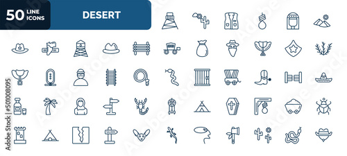 set of 50 desert web icons in outline style. thin line icons such as cowboy tower, dunes, paddock, prefect, train rails, cowboy boot, arab, wooden coffin, lasso, wild west saloon, snake vector.
