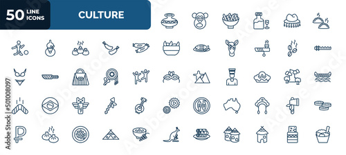 set of 50 culture web icons in outline style. thin line icons such as native american pot, dumplings, chorizo, coffee grains, native american drum, meat pie, native american totem, australian