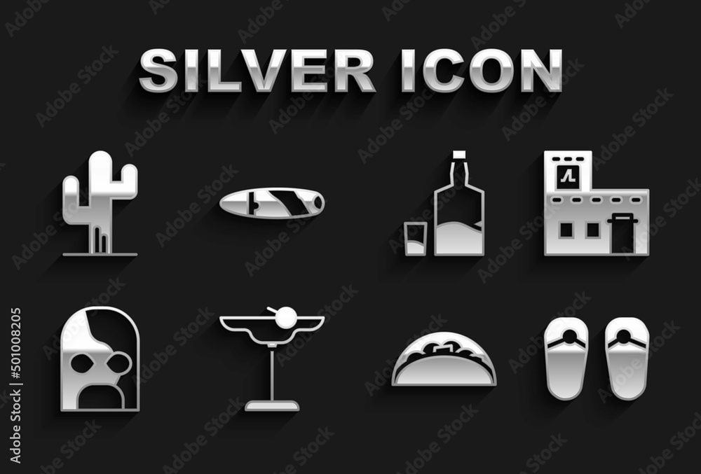 Set Margarita cocktail, Mexican house, Flip flops, Taco with tortilla, wrestler, Tequila bottle and glass, Cactus and Cigar icon. Vector Set Margarita cocktail, Mexican house, Flip flops, Taco with tortilla, wrestler, Tequila bottle and glass, Cactus and Cigar icon. Vector