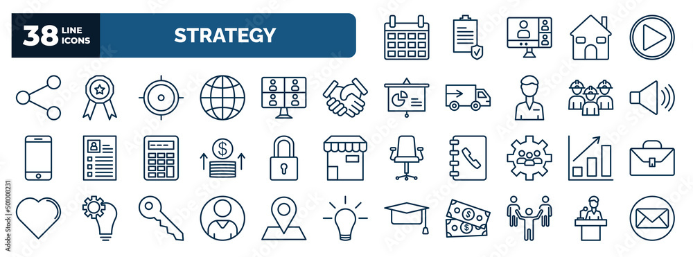 Fototapeta set of strategy web icons in outline style. thin line icons such as calendar, connection, focus, handshake, speaker, padlock, growth, customer, leader, speech vector.