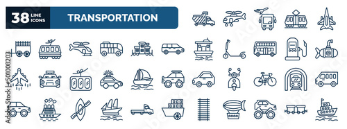 set of transportation web icons in outline style. thin line icons such as haul, oxcart, helicopter profile, people carrier, small submarine, catamaran, train in a tunnel, schooner, monster truck