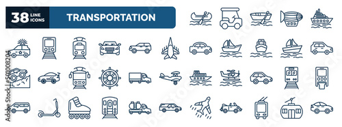 set of transportation web icons in outline style. thin line icons such as gondola, police car, tram, army airplane, hatchback, eighteen-wheeler, train front, , trolleybus, chairlift