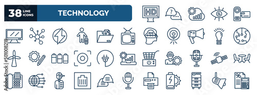 set of technology web icons in outline style. thin line icons such as hd monitor, big tv, electric, old television, transistor, electrical plug, satellite connection, wired connection, office