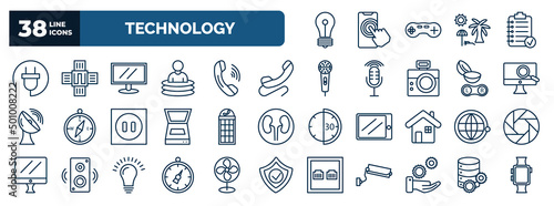 set of technology web icons in outline style. thin line icons such as light bulb turned off, basic plug, lcd screen, phone with wire, digitate, phone box, satellite in orbit, stopwatch running