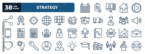 set of strategy web icons in outline style. thin line icons such as calendar, connection, focus, handshake, speaker, padlock, growth, customer, leader, speech vector.