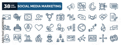 set of social media marketing web icons in outline style. thin line icons such as marketing, letter with stamp, video player, big photo camera, suggestion, stamps, trending, digital marketing