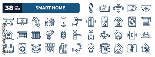 set of smart home web icons in outline style. thin line icons such as illumination, sensor, eco home, door key, jalousie automation, doorbell, smart switch, dial, household, automated door vector.