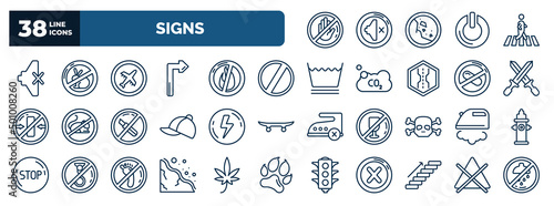 set of signs web icons in outline style. thin line icons such as do not touch, mute, airport, forbidden, weapons, lightning warning, ironing, landslide, stairs, no bleaching vector.