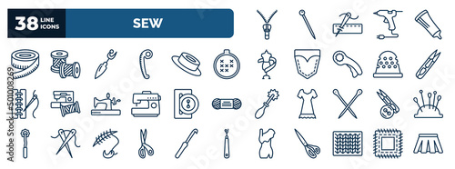 set of sew web icons in outline style. thin line icons such as slide fastener, measuring, seam ripper, arras, thread nippers, buttonhole, sewing tools, cutting tool, knit, patch vector.
