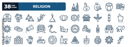 set of religion web icons in outline style. thin line icons such as medina, tallit, hamantaschen, lotus, one god, cobra, reading quran, cake, half pomegranate, dharma vector.
