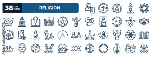 set of religion web icons in outline style. thin line icons such as orthodox, god, gospel, incense, holy elephant, atheism, agticism, noah ark, jainism, easter eggs vector.