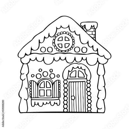 Christmas gingerbread house vector coloring page. Sweet festive cookies with decorations. Hand drawn line art winter illustration. Happy holiday. Coloring book for children and adults.