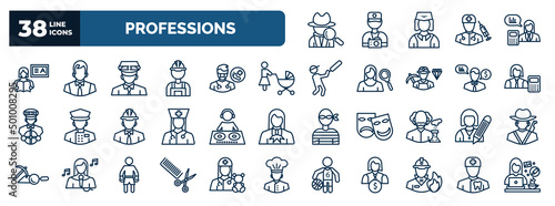 set of professions web icons in outline style. thin line icons such as detective, teacher, taxi driver, baby sitter, mathematician, dj, writer, hairdresser, firefighter, orthodontist vector.
