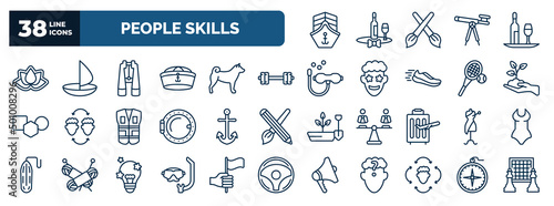 set of people skills web icons in outline style. thin line icons such as cargo ship front view, wellness, big binoculars, body building, environment, sailboat anchor, stylist, diving mask