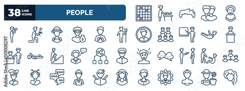 set of people web icons in outline style. thin line icons such as family board games, monocular, farmers, devil standing up, speaker in a conference, user sharing files, man lifting an old man