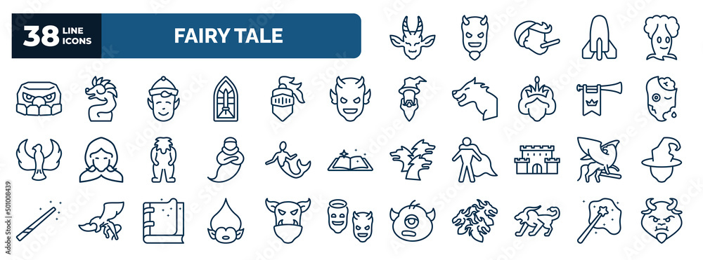 set of fairy tale web icons in outline style. thin line icons such as faun, , elf, devil, zombie, merman, griffin, troll, chimera, enchantment - obrazy, fototapety, plakaty 