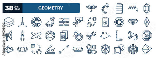 set of geometry web icons in outline style. thin line icons such as off, layer, color wheel, cut, polygonal rhomb, copy, polygonal scorpion, angle, polygonal hexagonal