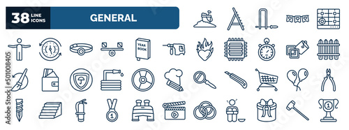 set of general web icons in outline style. thin line icons such as sand, man with open arms, head mirror, perforator, wooden fence, cd record, floating balloons, number one medal, gift box with
