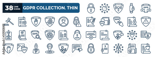set of gdpr collection. thin web icons in outline style. thin line icons such as lock, auction, right to objection, alert, attention, information, gdpr, address, eu, document vector.