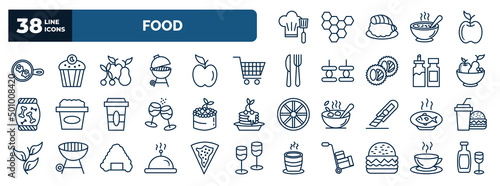 set of food web icons in outline style. thin line icons such as chef cooking on stove, fried eggs, fruits, cart graphic, fruit salad, fruit cake, fish food, hotel service, give a burger