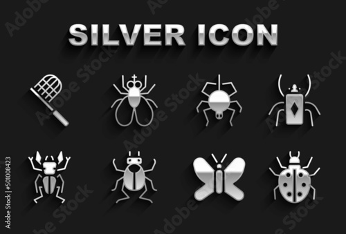 Set Beetle bug, Mite, Butterfly, deer, Spider, net and Insect icon. Vector