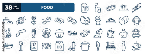 set of food web icons in outline style. thin line icons such as beers, warm cup and plate, jawbreaker, biscuits, sippy cup, boiler, kitchen pack, plate and utensils, pasta, water container vector.