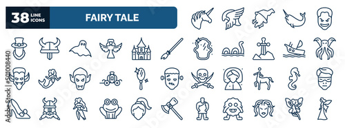 set of fairy tale web icons in outline style. thin line icons such as unicorn, leprechaun, ghost, broomstick, cthulhu, enchanted mirror, seahorses, toad, female medusa, fairy vector.