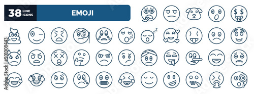set of emoji web icons in outline style. thin line icons such as exhausted emoji, poo emoji, stress sleeping imagine pouting happy cry -mouth , puking vector.