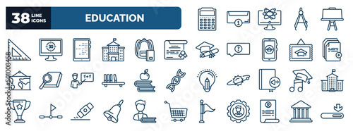 set of education web icons in outline style. thin line icons such as small calculator, measuring tools, tactile tablet, sealed diploma, new document, book and, graduation's music, hand bell