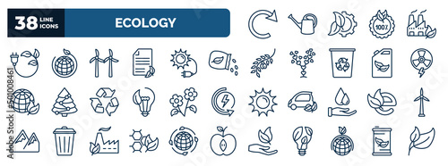 set of ecology web icons in outline style. thin line icons such as reload, eco plug, wind mill, seeds, nuclear energy, two flowers, eco e, eco cell, sustainability, fuel vector.