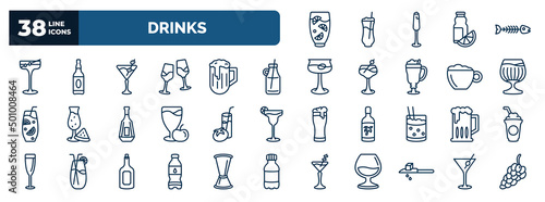 set of drinks web icons in outline style. thin line icons such as lemon juice, manhattan, 007 martini, smoothie, brandy glass, tomato juice, brewery, water jug, drip, martini vector.
