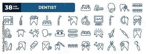 set of dentist web icons in outline style. thin line icons such as dental plaque, radiograph, holed tooth, tooth whitening, plaque, fake tooth, periodontal scaler, molar crown, pliers, bacteria in